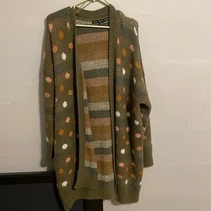 Green Cardigan with Mixed Color Polka Dots